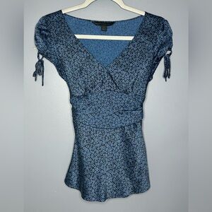 Vintage Y2K Express Silk Blouse Womens XS Blue Floral Tie Waist Babydoll Top